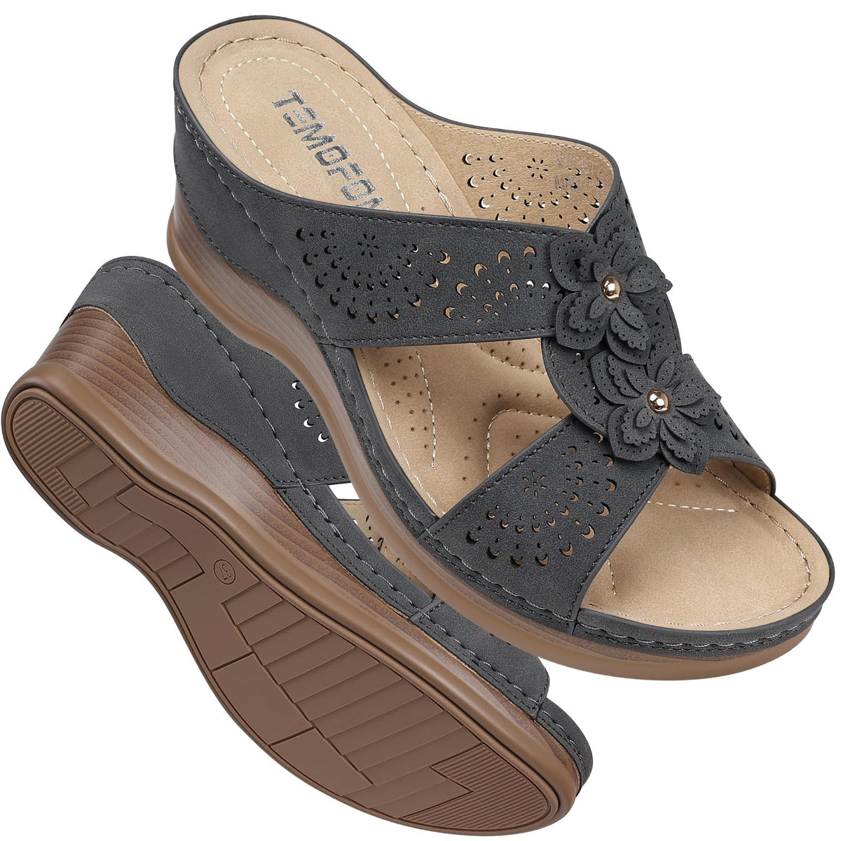 TEMOFON Womens Wedge Sandals Leather: Comfortable Walking Shoes Summer | Fit Wide Foot - Cute Style - Wear True Size 5-11