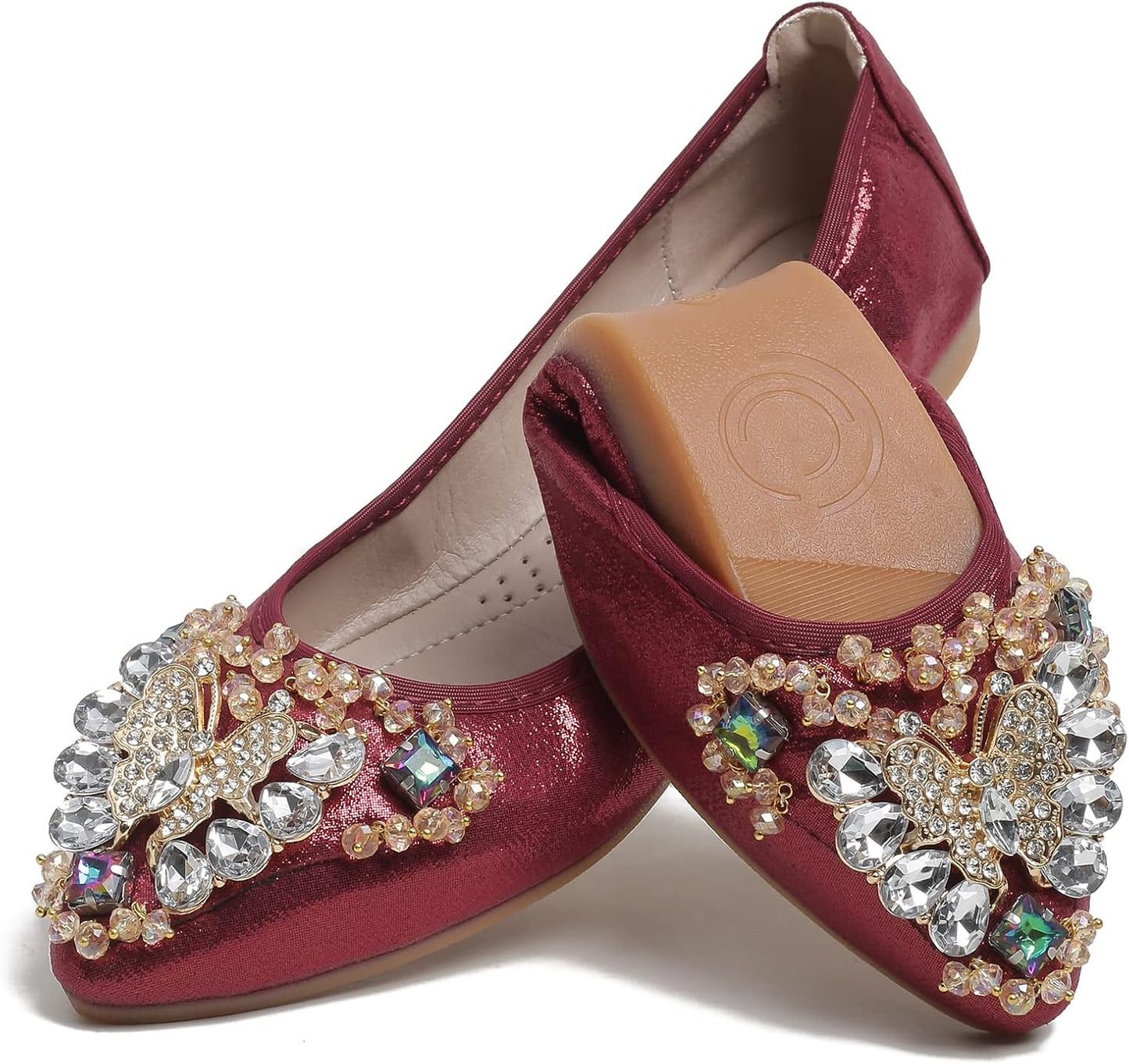 Women's Ballet Flat Shoes - Cute Rhinestones Bow Wedding Flats Slip on Flats for Women Comfort
