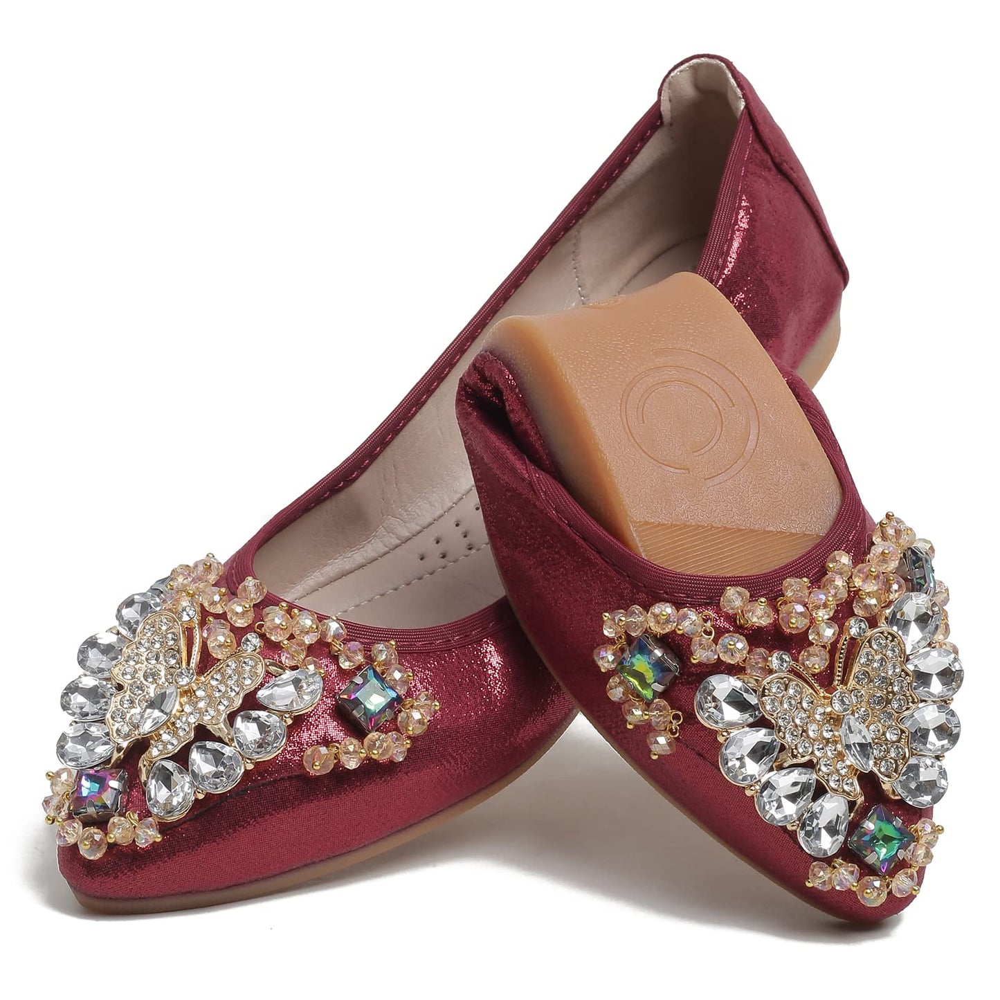 Women's Ballet Flat Shoes - Cute Rhinestones Bow Wedding Flats Slip on Flats for Women Comfort
