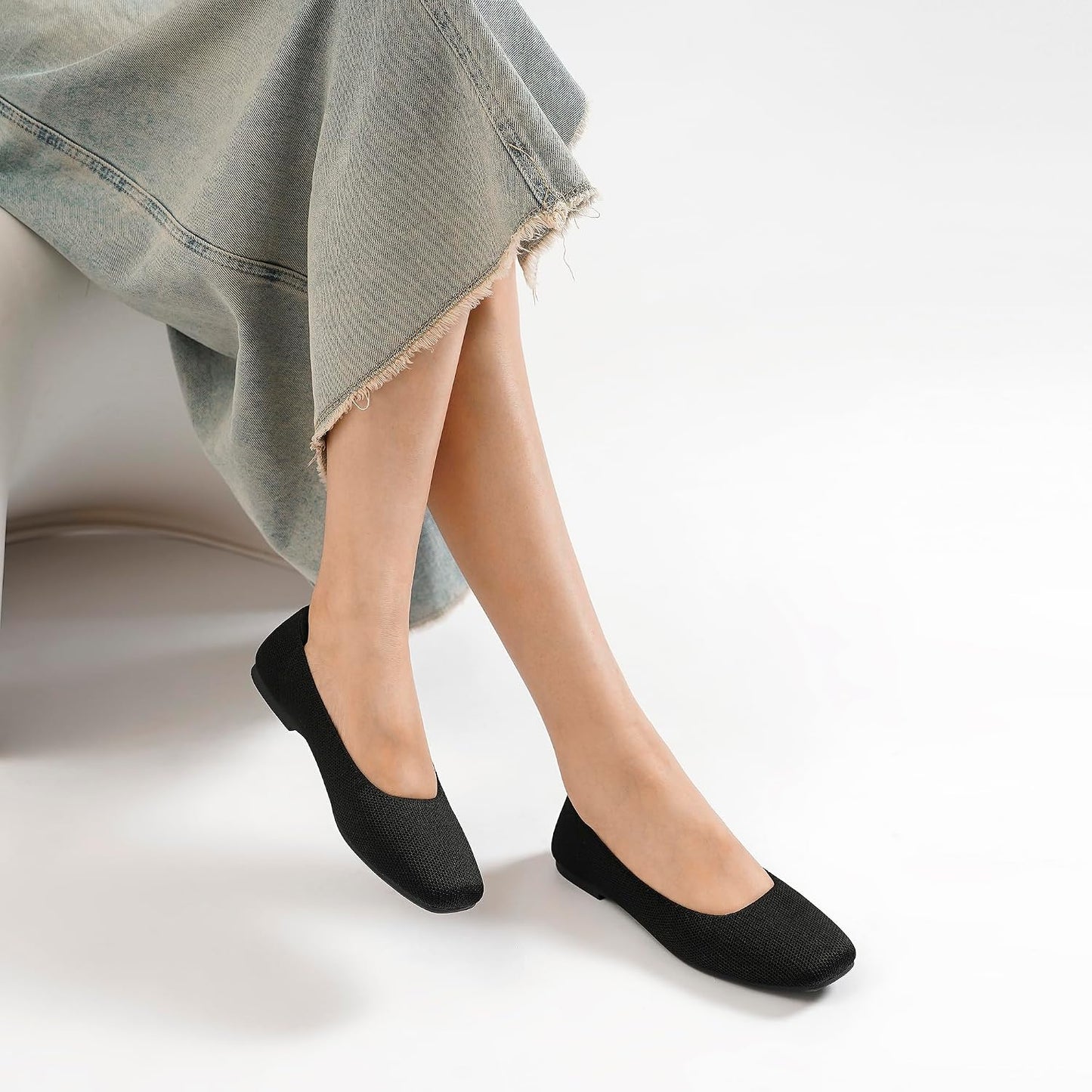 Soesyi Women's Mary Jane Ballet Flats Washable Knit Shoes Comfortable for Dressy Office Casual Walking Slip-on Square Toe Flats
