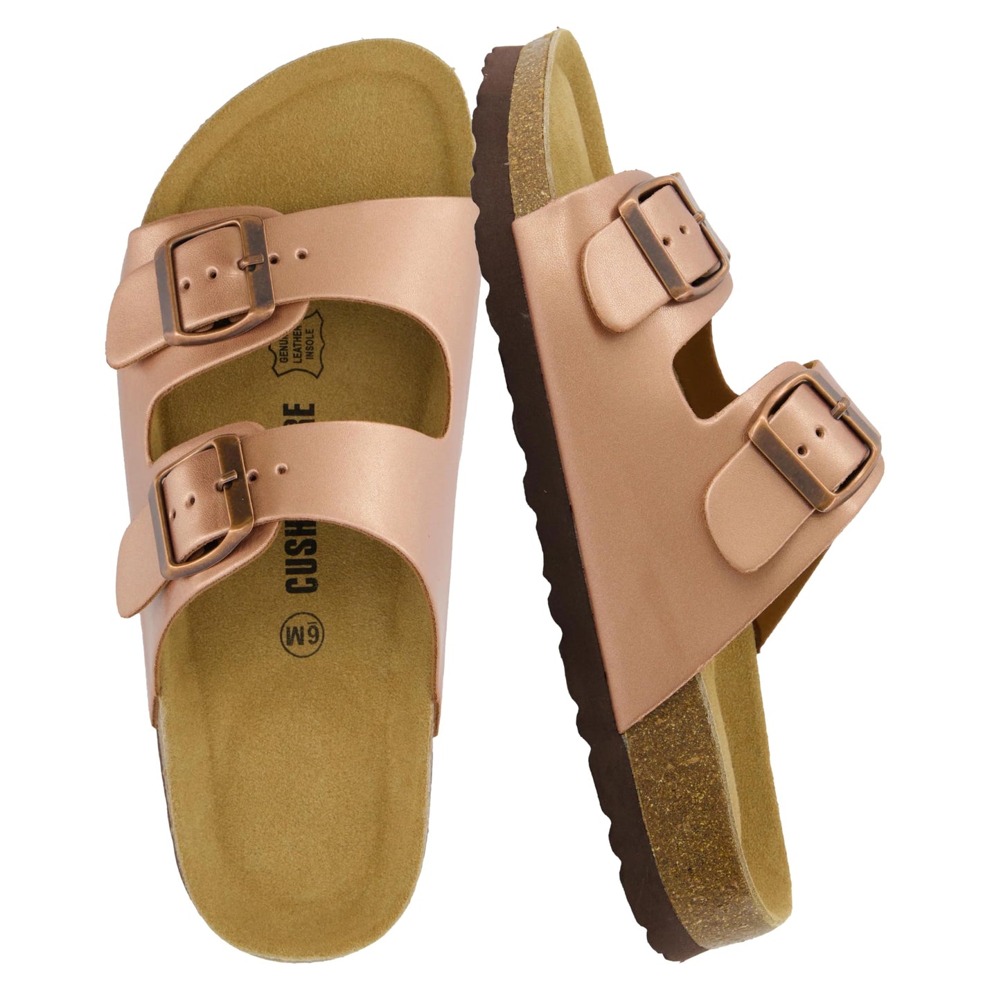 CUSHIONAIRE Lane Cork Footbed Womens Sandals Comfortable Double Buckle Slip On Sandals for Women with Arch Support and Classic Two Strap Design