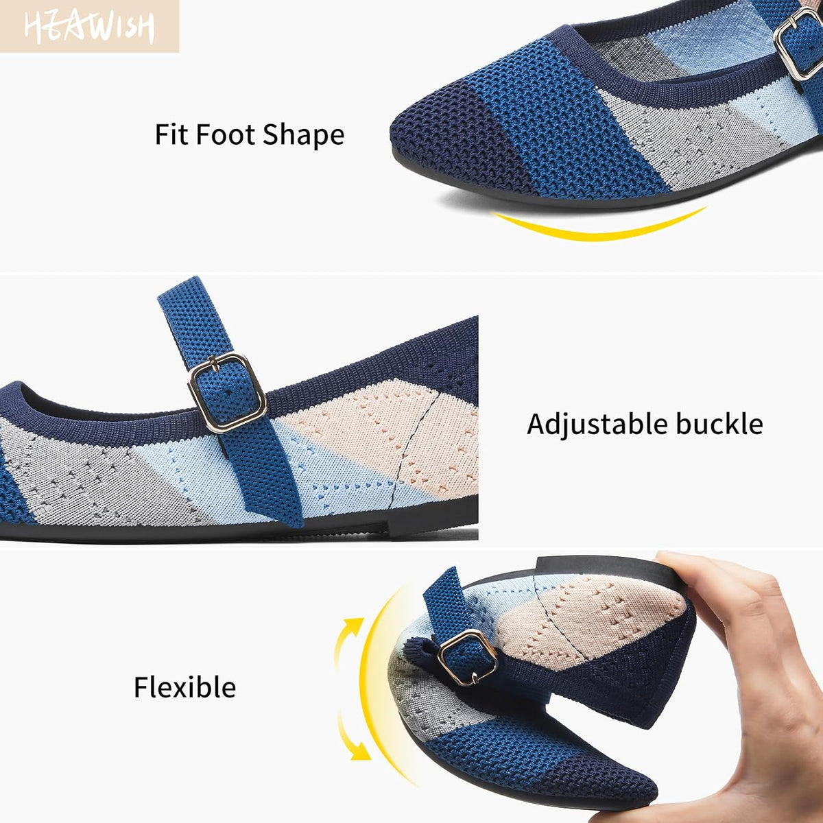 Women's Ballet Flat Mary Jane Flats Slip on Laides Dress Flats with Strap | Mary Janes Flats, Breathable knit, Adjustable buckle strap, Pointed toe, Soft & lightweight, Perfect for office & daily wear