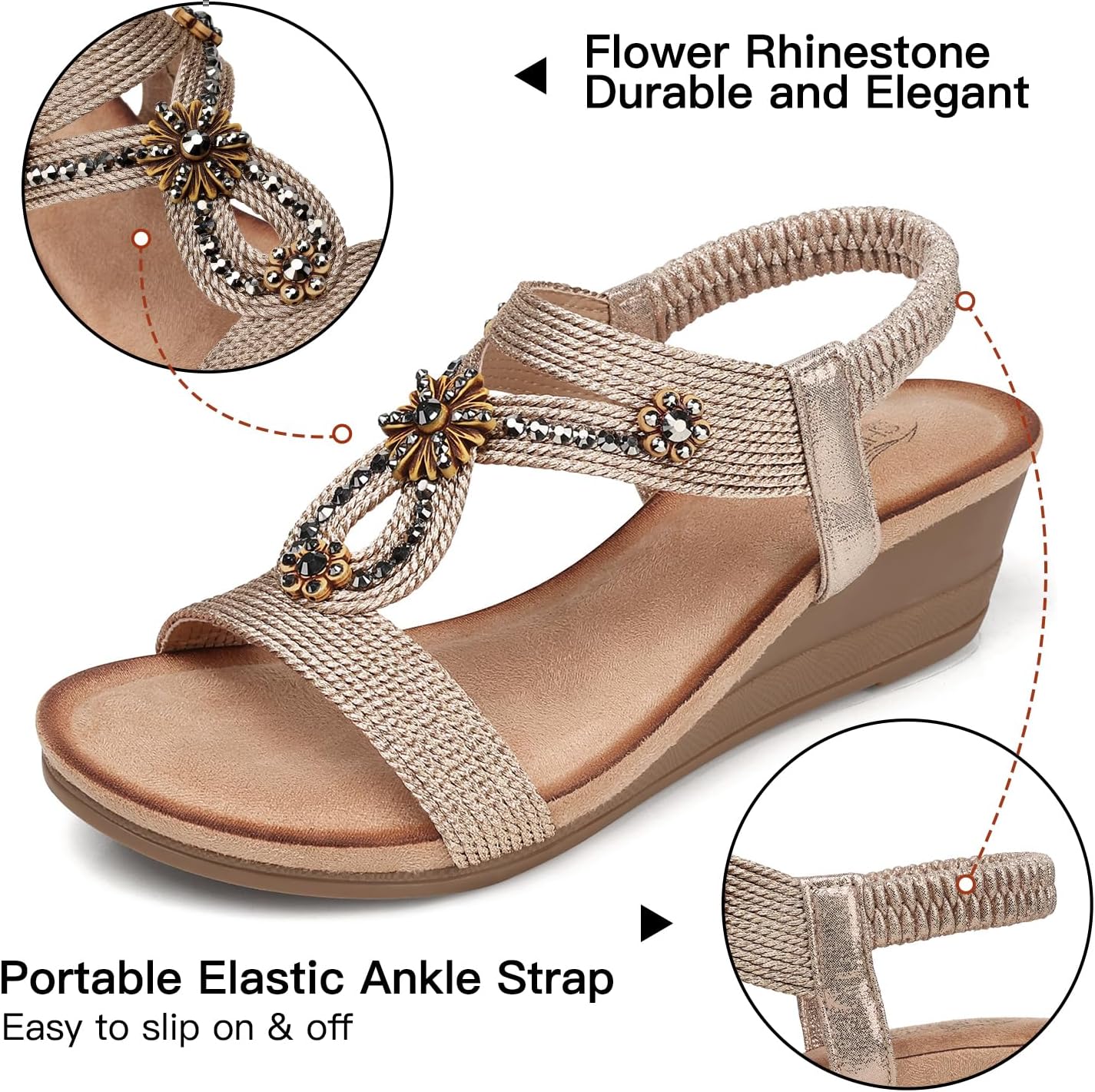 SHIBEVER Womens Wedge Sandals Dressy: Comfortable Low Heels Sandals Summer | Elastic Back Strap, Open Toe, with Cushioning, Arch Support Casual Dress Shoes for Walking Beach Travel Vacation Size 5-12
