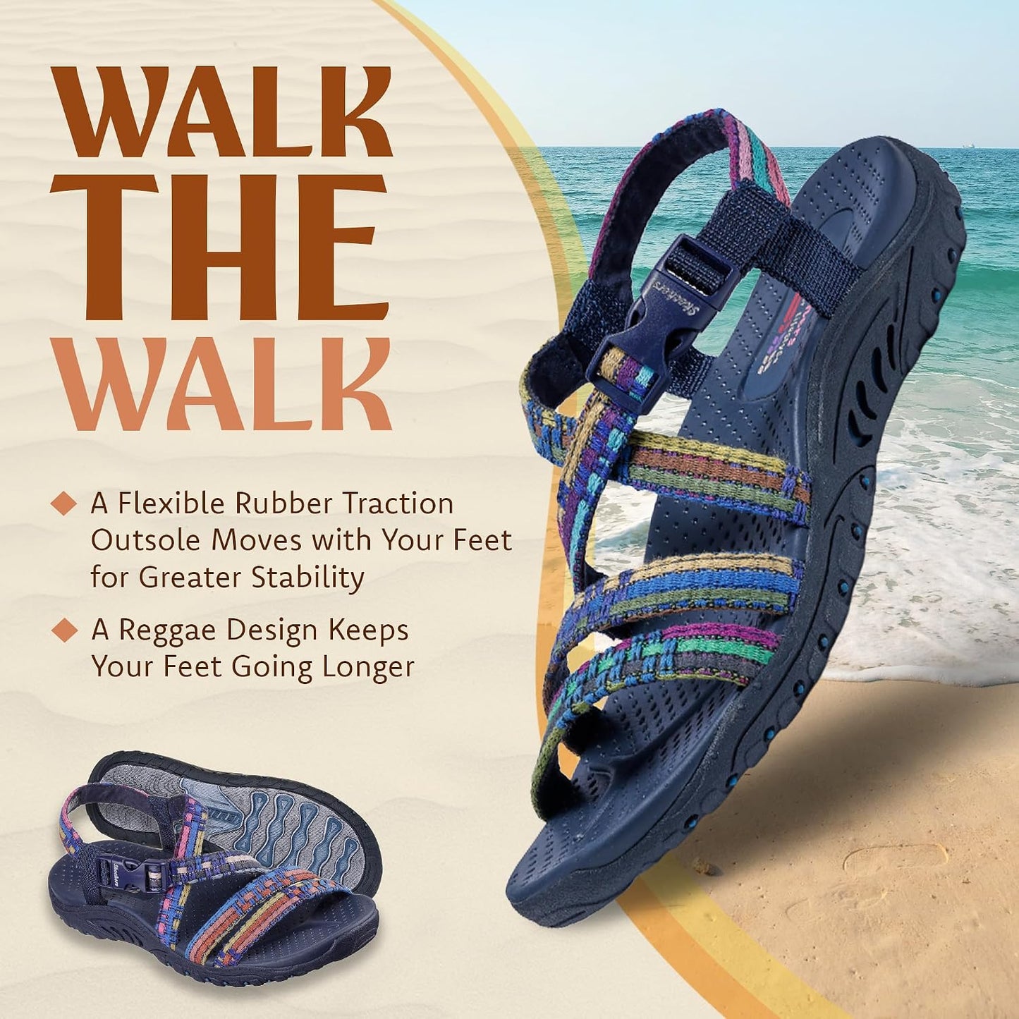 Skechers Women's Reggae Sew Me Boho Slingback Sandal | Machine Washable, Vegan, Arch Support Footbed, Woven Nylon Upper, Adjustable Buckle Strap