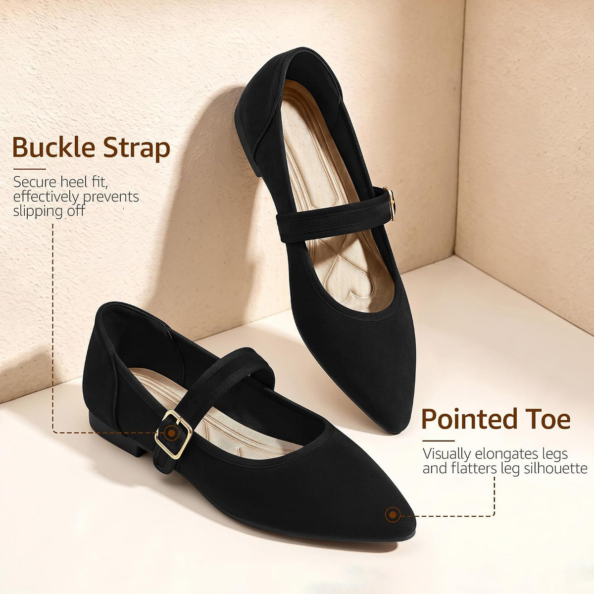 Ecetana Womens Mary Jane Ballet Flats Dressy Comfortable Pointed Toe | Classic Buckle Ankle Strap - Memory Foam Insole & Lightweight Non-slip Rubber Sole - Ideal for Work Office & Business Casual