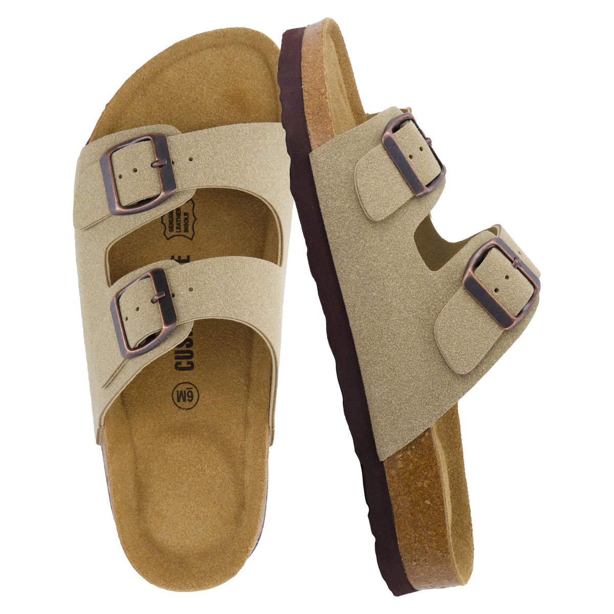 CUSHIONAIRE Lane Cork Footbed Womens Sandals Comfortable Double Buckle Slip On Sandals for Women with Arch Support and Classic Two Strap Design
