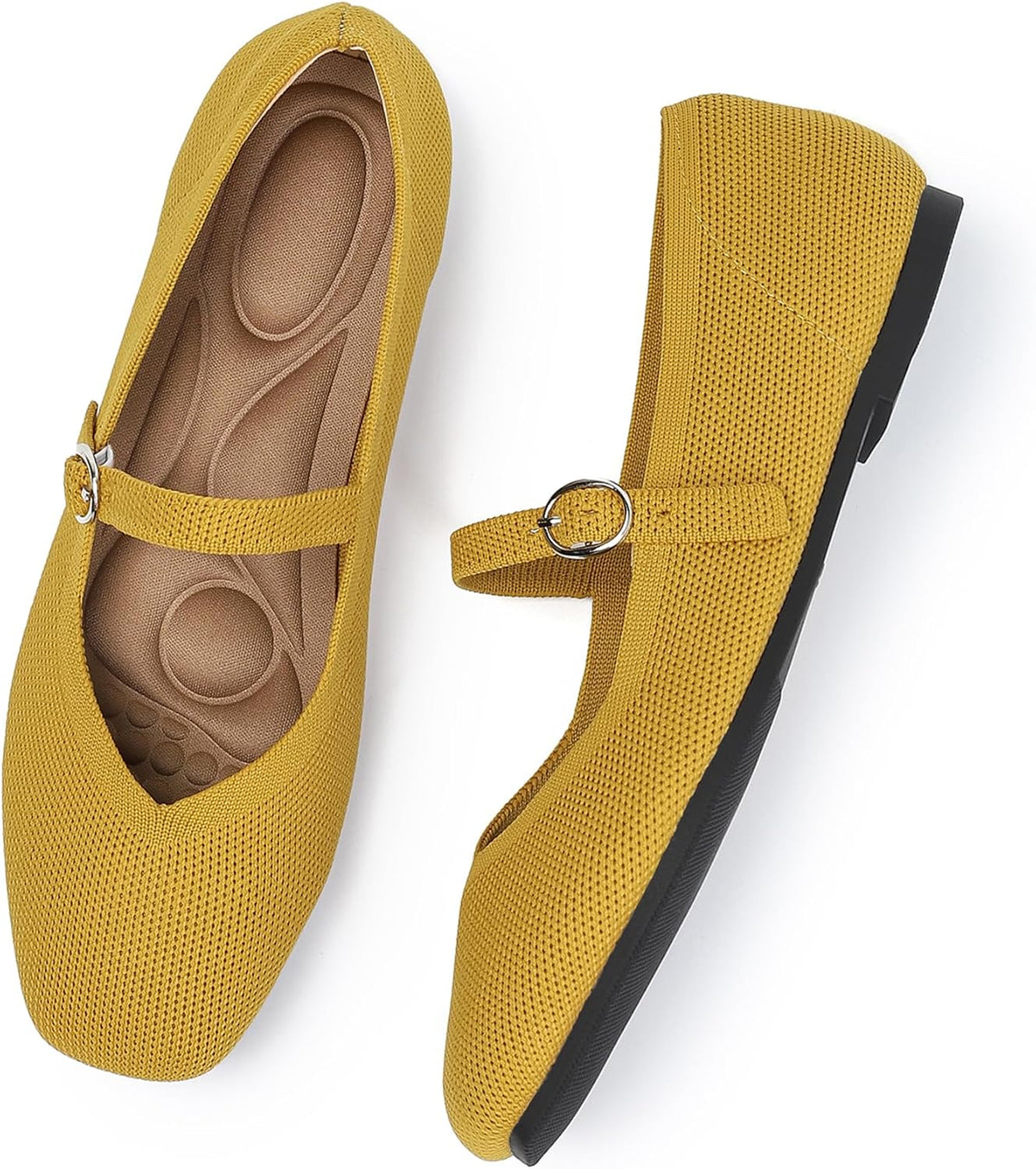 Knit Flats for Women Square Toe Casual Ballet Flat Shoes with Ankle Strap Washable Comfortable Formal Mary Jane Flat Shoes