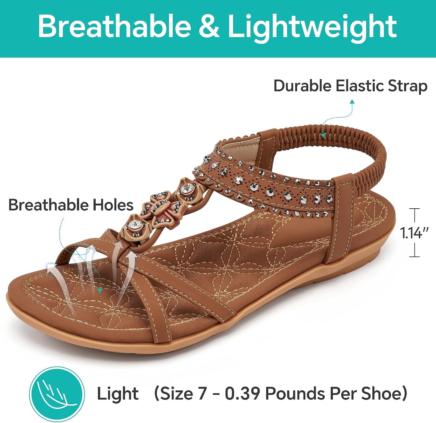 Alicegana Dressy Womens Sandals Summer: Comfortable Jeweled Bohemian Flats Sandals Women for Vacation & Wedding - Casual Walking Woman Shoes with Elastic Ankle Strap