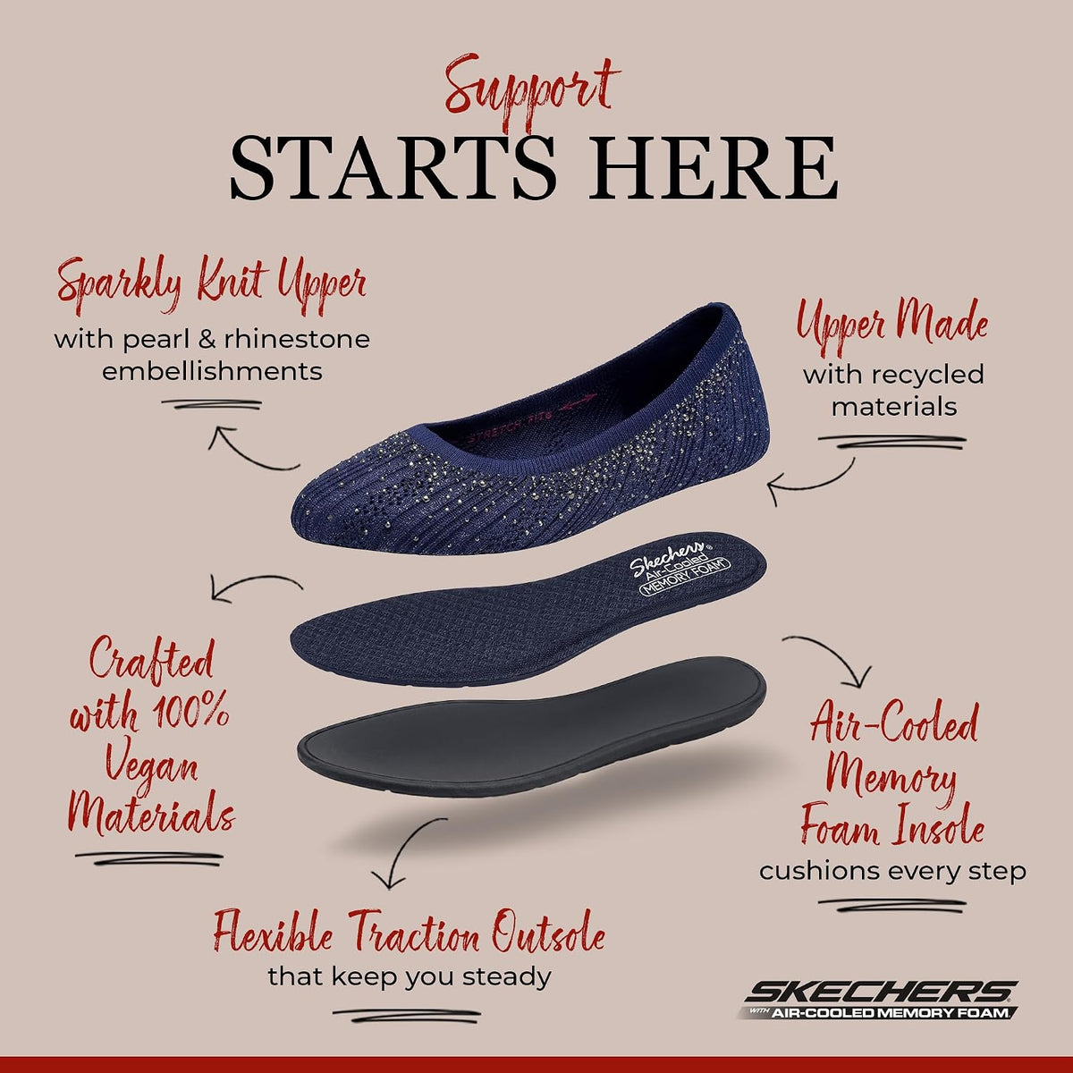 Skechers Women's Cleo 2.0 - Glitzy Daze | Modern Comfort Casual, Dress, Air-Cooled Memory Foam, Stretch Fit, Vegan, Recycled Materials