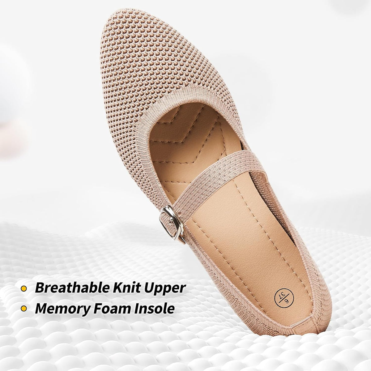BABUDOG Mesh Ballet Flats for Women,Women's Mary Jane Flats with Buckle Strap,Black Nude Foldable Flats Shoes for Women,Comfortable Dress Shoes