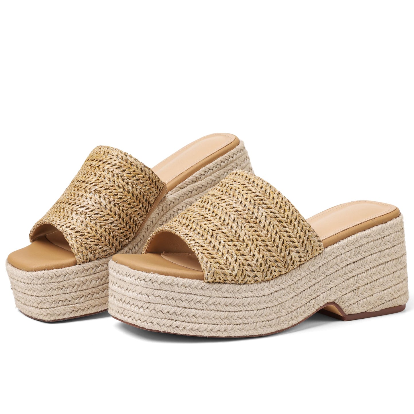 EQAUDES Platform Sandals For Women Espadrilles Wedges Summer Beach Shoes | Raffia, Woven, Chunky Block Heels, Dressy Slides, Non-Slip Sole, Slip On, Square Open Toe, Daliy And Vacation Outfits