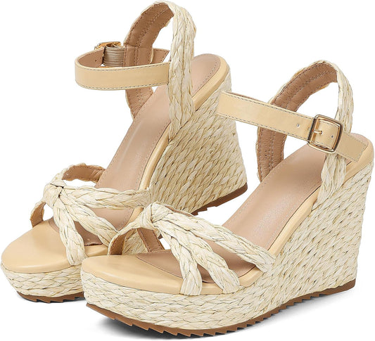 mikarka Womens Wedge Sandals Comfortable: Dressy Platform Espadrille Wedges | Open Toe Summer Heels Shoes, Arch Support for All-Day Wear, Adjustable Ankle Strap, Braided Knot Casual Daily, Vacation