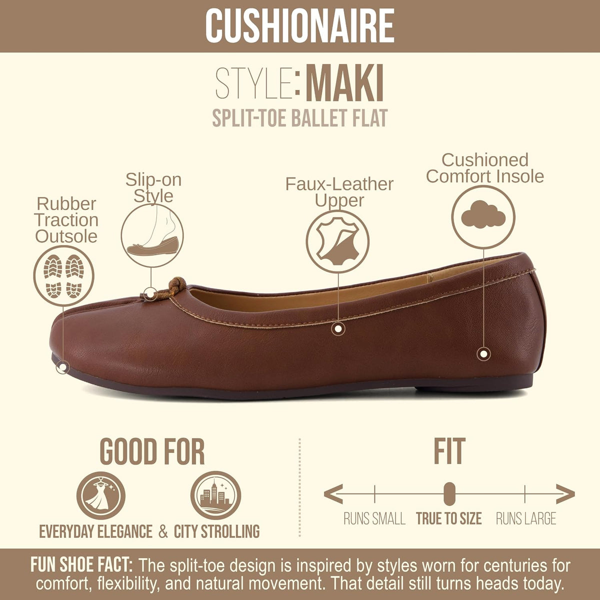 CUSHIONAIRE Maki Tabi Flats for Women, Split Toe Ballet Flats with Flexible Sole and Cushioned Footbed