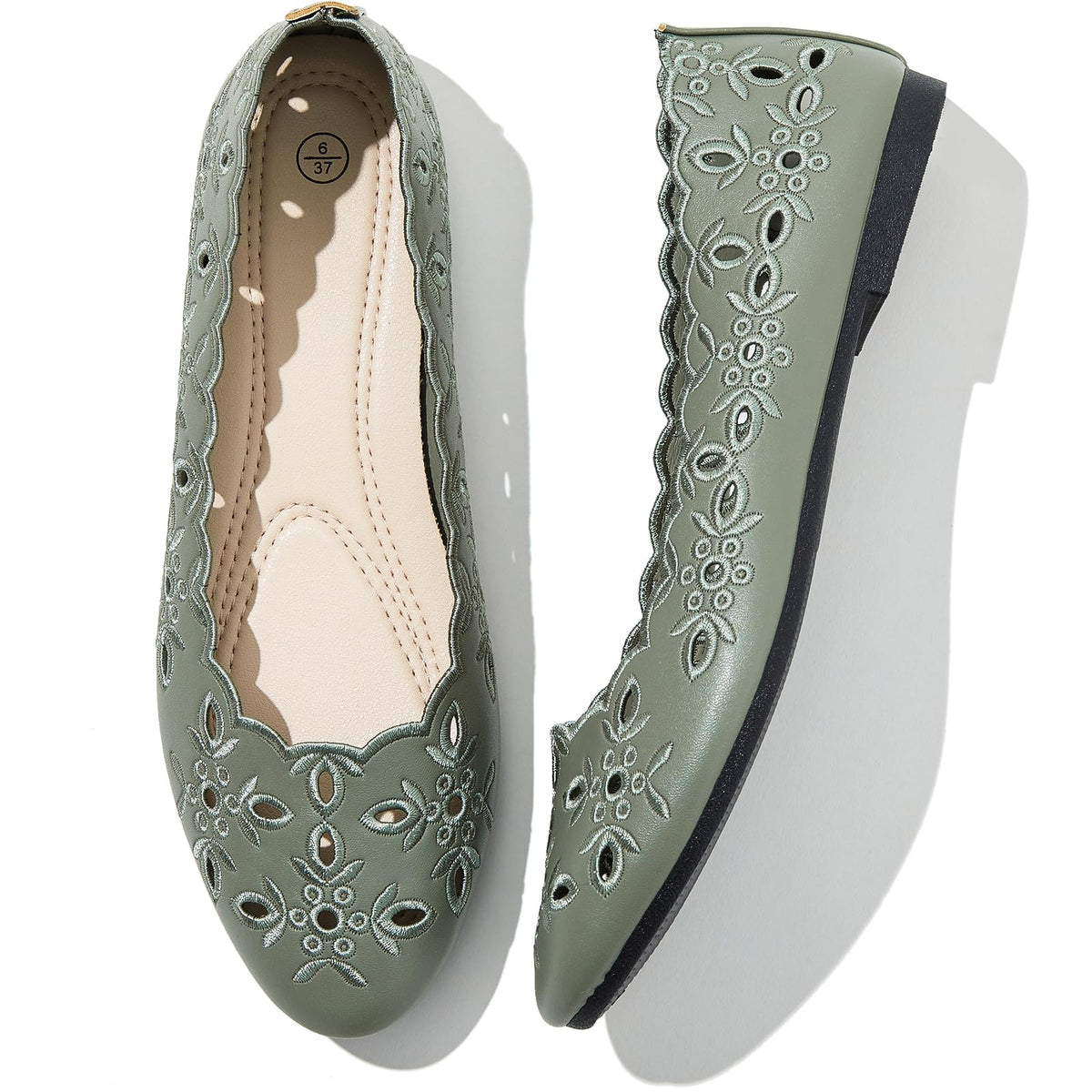 Shupua Womens Flats Ballet Flats for Women Comfortable Slip on Dress Shoes | Dressy Casual Loafers, Breathable, Summer, Round Toe, PU Leather, Floral Eyelets, Comfort, Close Toe, Ladies