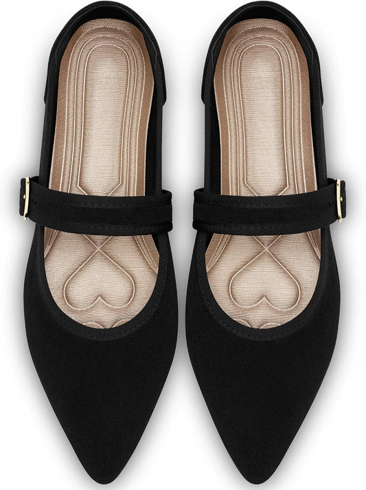 Ecetana Womens Mary Jane Ballet Flats Dressy Comfortable Pointed Toe | Classic Buckle Ankle Strap - Memory Foam Insole & Lightweight Non-slip Rubber Sole - Ideal for Work Office & Business Casual