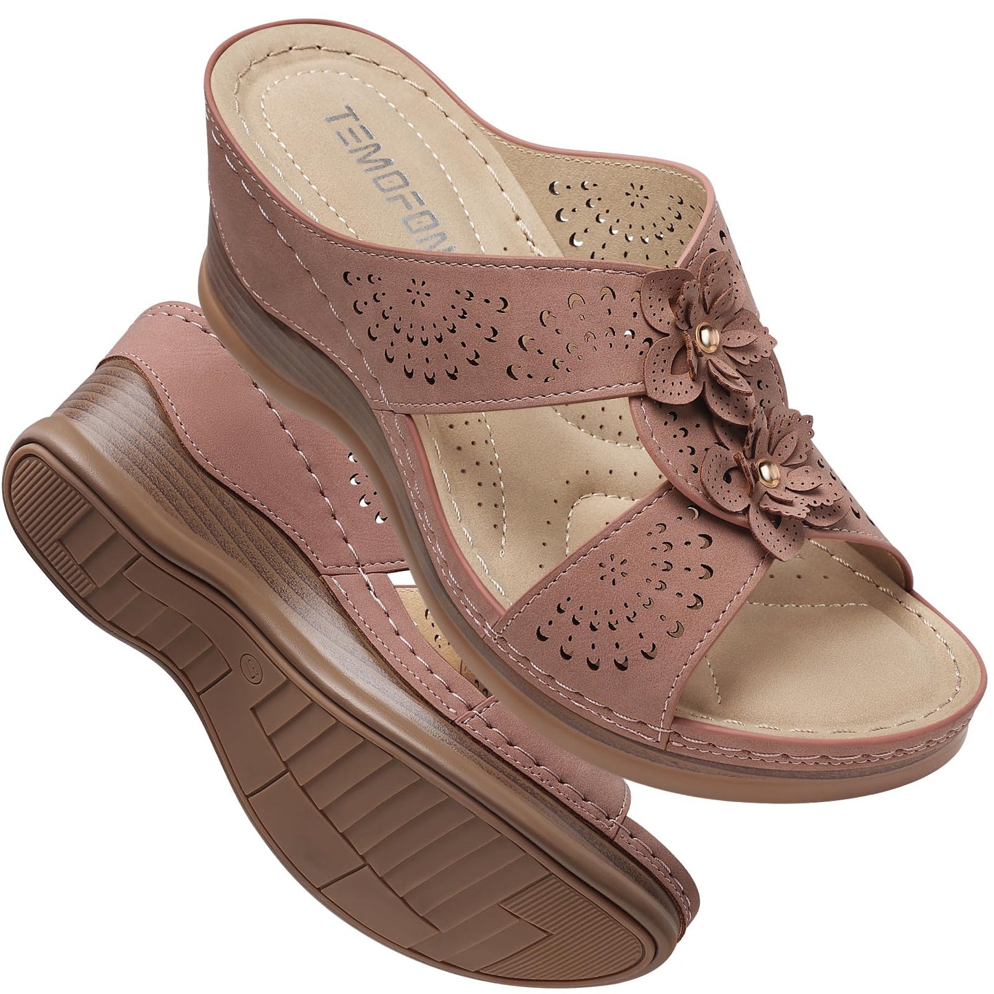 TEMOFON Womens Wedge Sandals Leather: Comfortable Walking Shoes Summer | Fit Wide Foot - Cute Style - Wear True Size 5-11