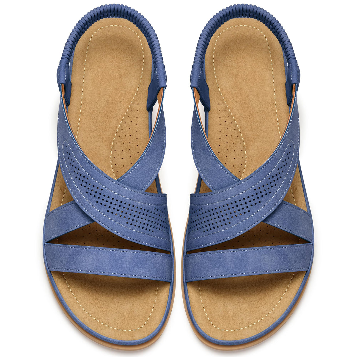 Women's Comfortable Flat Sandals: Open Toe Perforated Cross Straps & Elastic Slingback - Non-Slip Dressy Summer Shoes for Walking Vacation