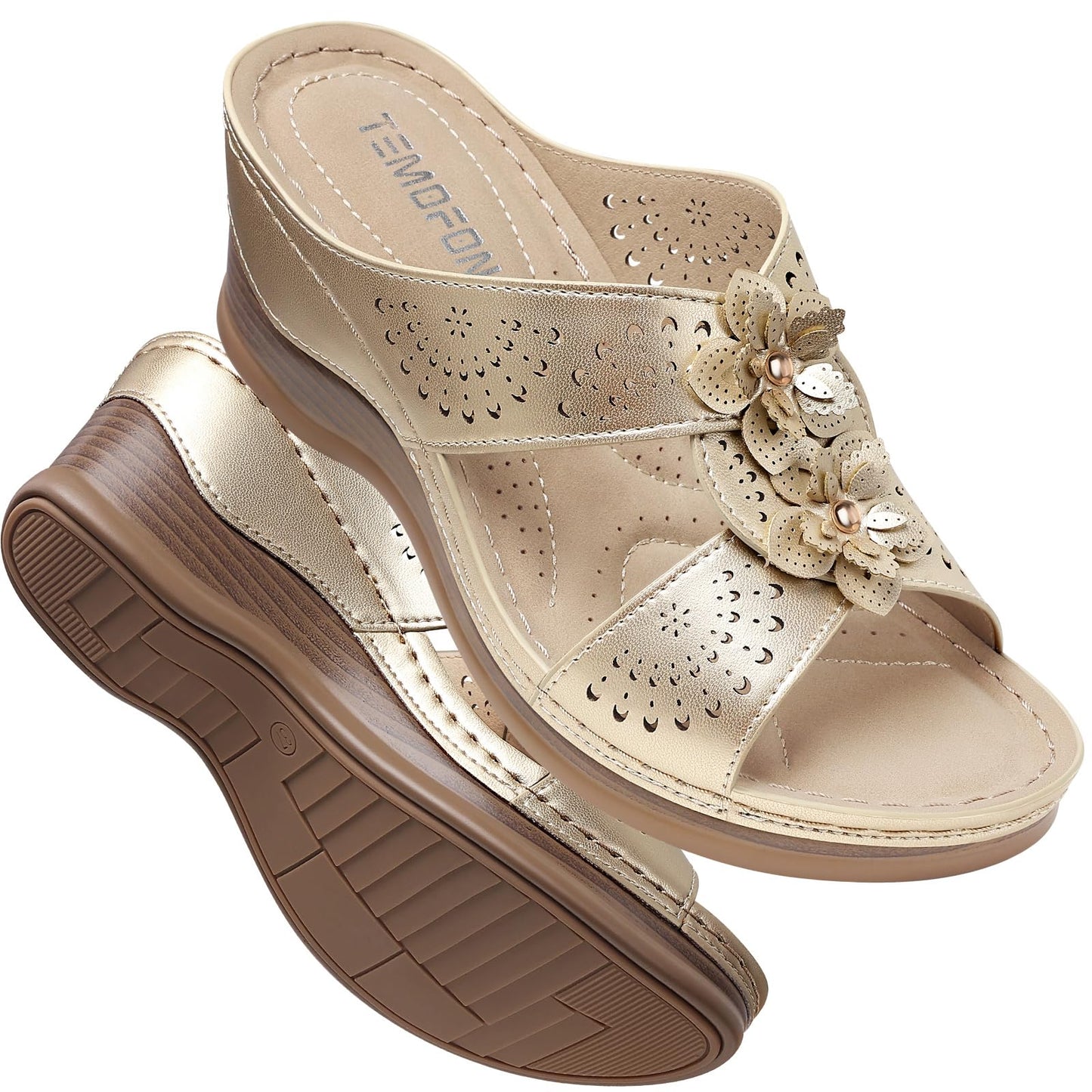 TEMOFON Womens Wedge Sandals Leather: Comfortable Walking Shoes Summer | Fit Wide Foot - Cute Style - Wear True Size 5-11