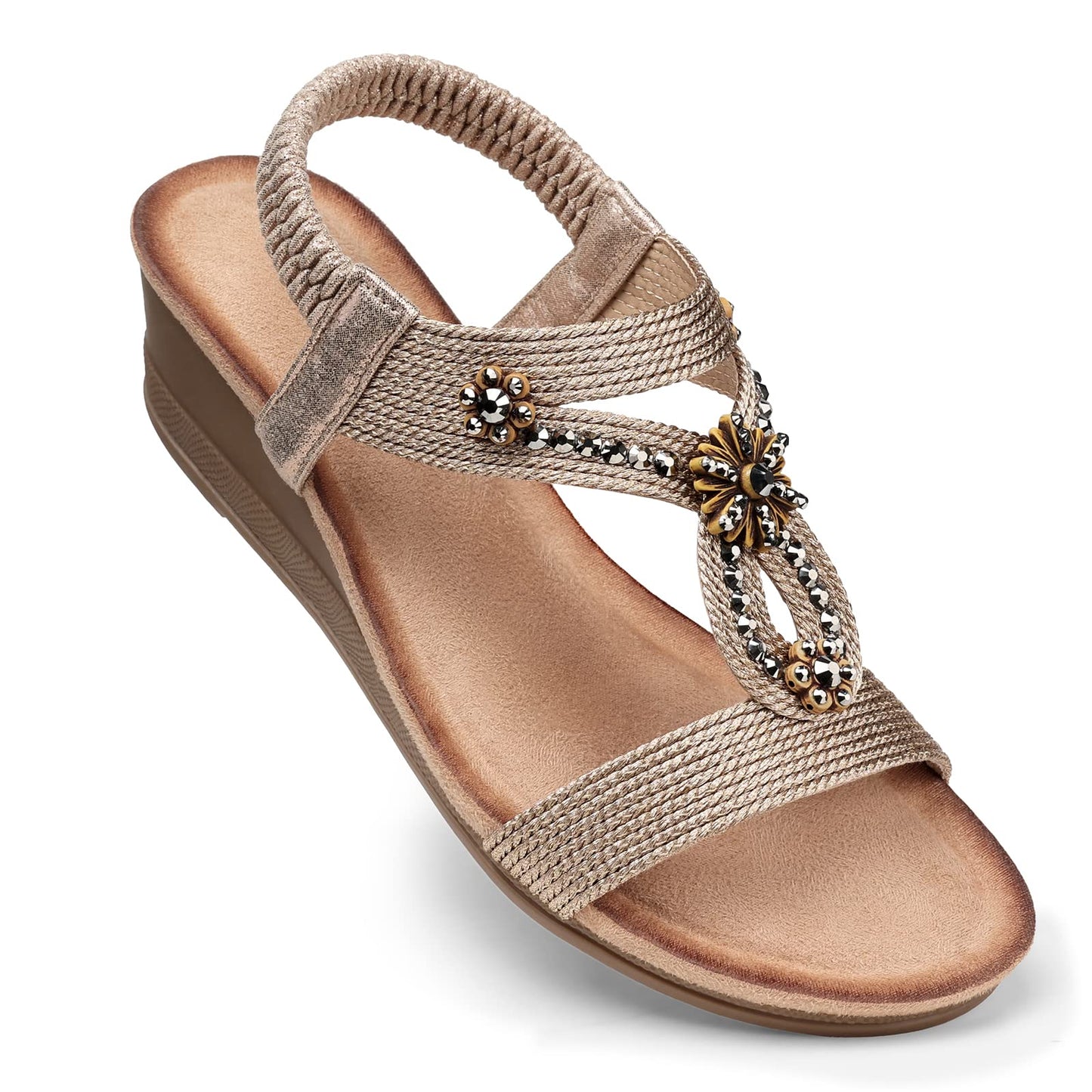 SHIBEVER Womens Wedge Sandals Dressy: Comfortable Low Heels Sandals Summer | Elastic Back Strap, Open Toe, with Cushioning, Arch Support Casual Dress Shoes for Walking Beach Travel Vacation Size 5-12