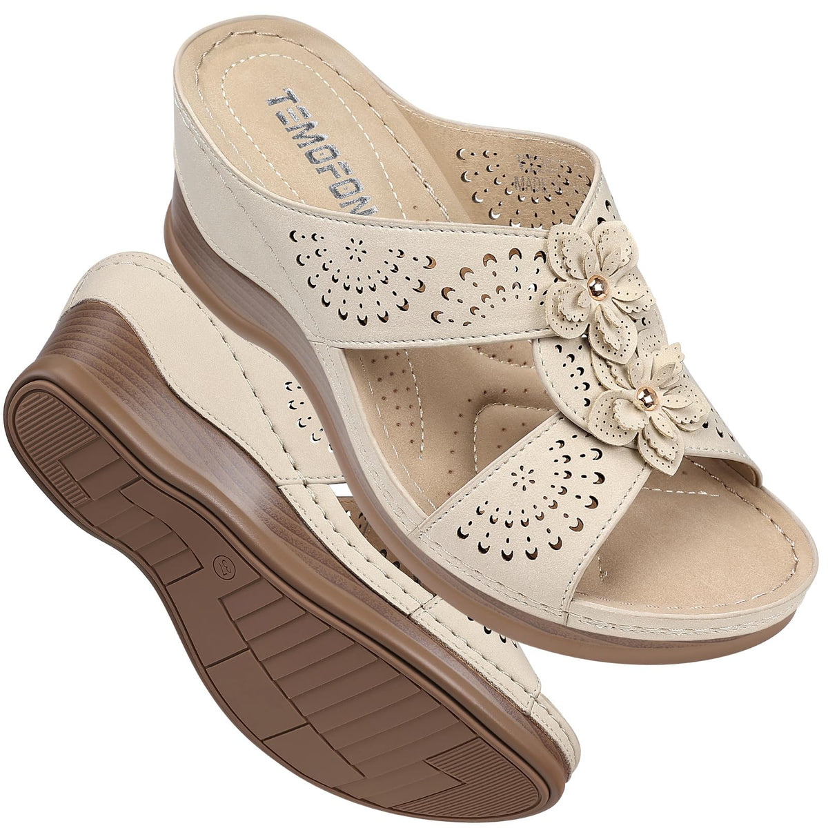TEMOFON Womens Wedge Sandals Leather: Comfortable Walking Shoes Summer | Fit Wide Foot - Cute Style - Wear True Size 5-11