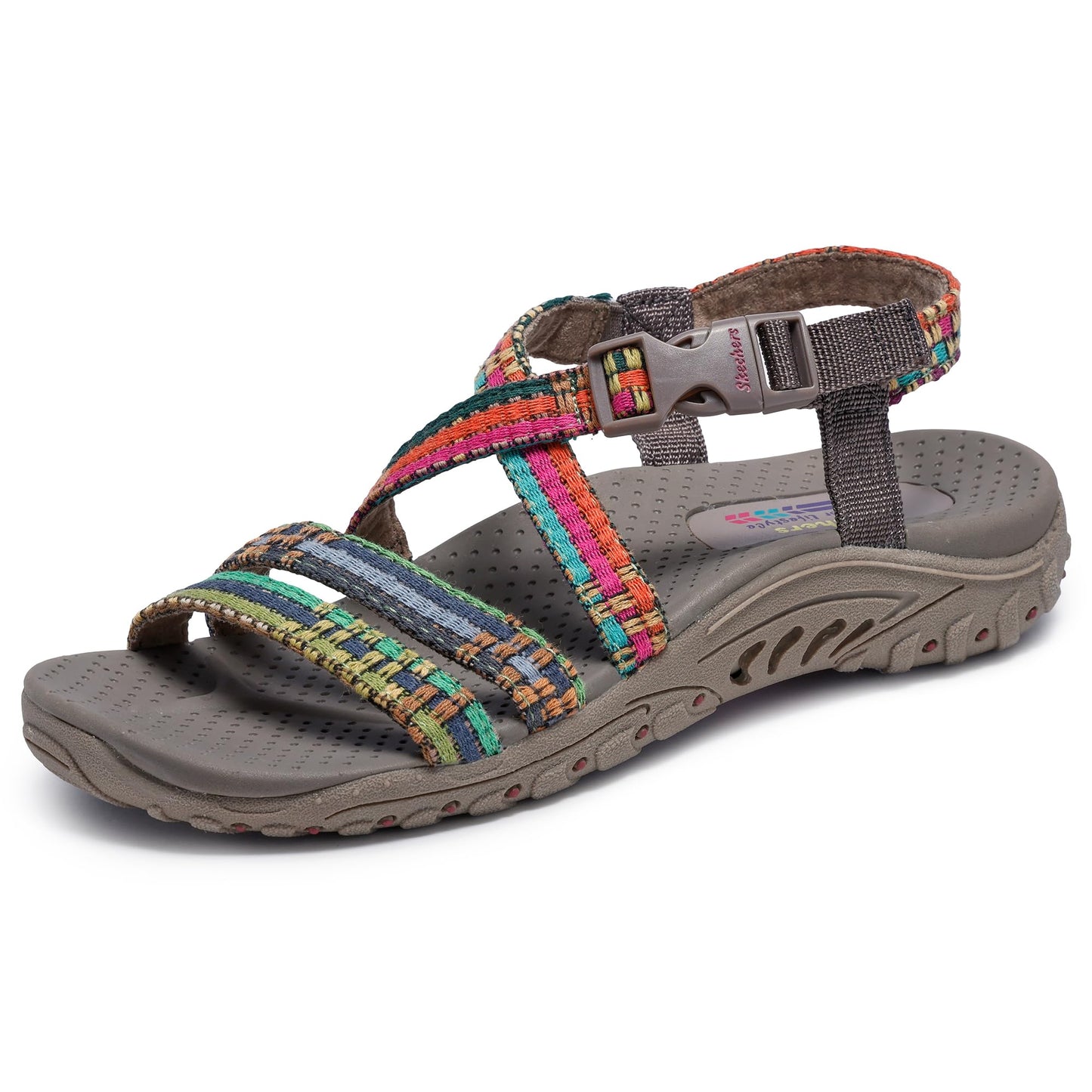 Skechers Women's Reggae Sew Me Boho Slingback Sandal | Machine Washable, Vegan, Arch Support Footbed, Woven Nylon Upper, Adjustable Buckle Strap