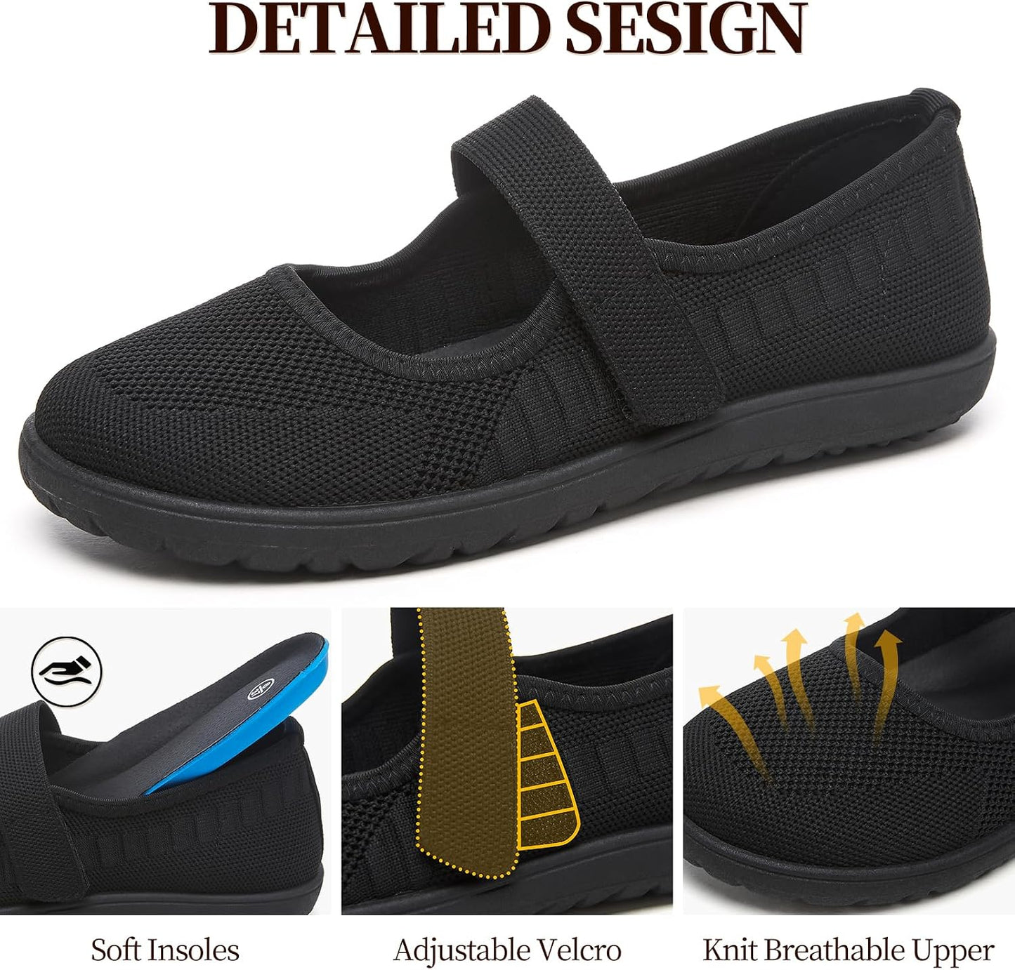 Waluzs Wide Toe Box Flats Shoes Women Knit Mary Jane Dress Shoes Wide | Walking Wide Width Barefoot Zero Drop Comfort Breathable Slip on Womens Ballet Mary Janes Sneakers with Velcro Ankle Strap