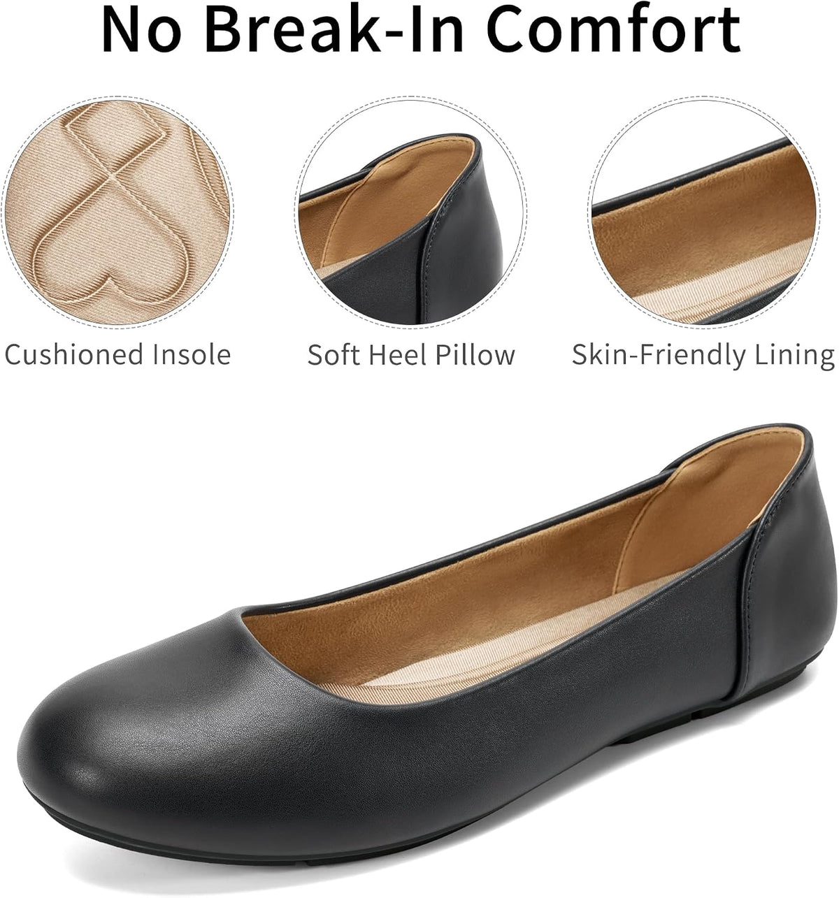Aomigoct Womens Dress Flats Shoes: Classic Round Toe & PU Leather for Office - No Break-in Heel Pillow & Cushioned Insoles for All-Day Comfort in Business Meetings - Professional Women