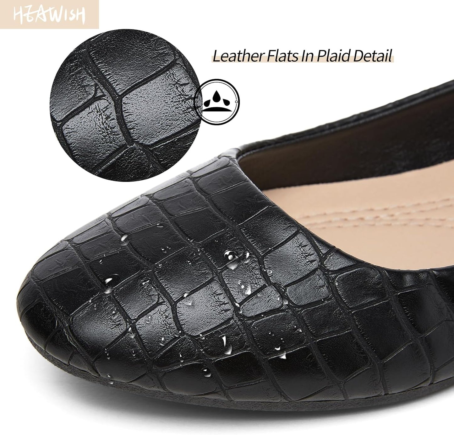 HEAWISH Womens Leather Dress Shoes Crocodile Print Ballet Flats | Comfortable Office Slip On Loafers,PU Lightweight,Work Shoes With Memory Foam
