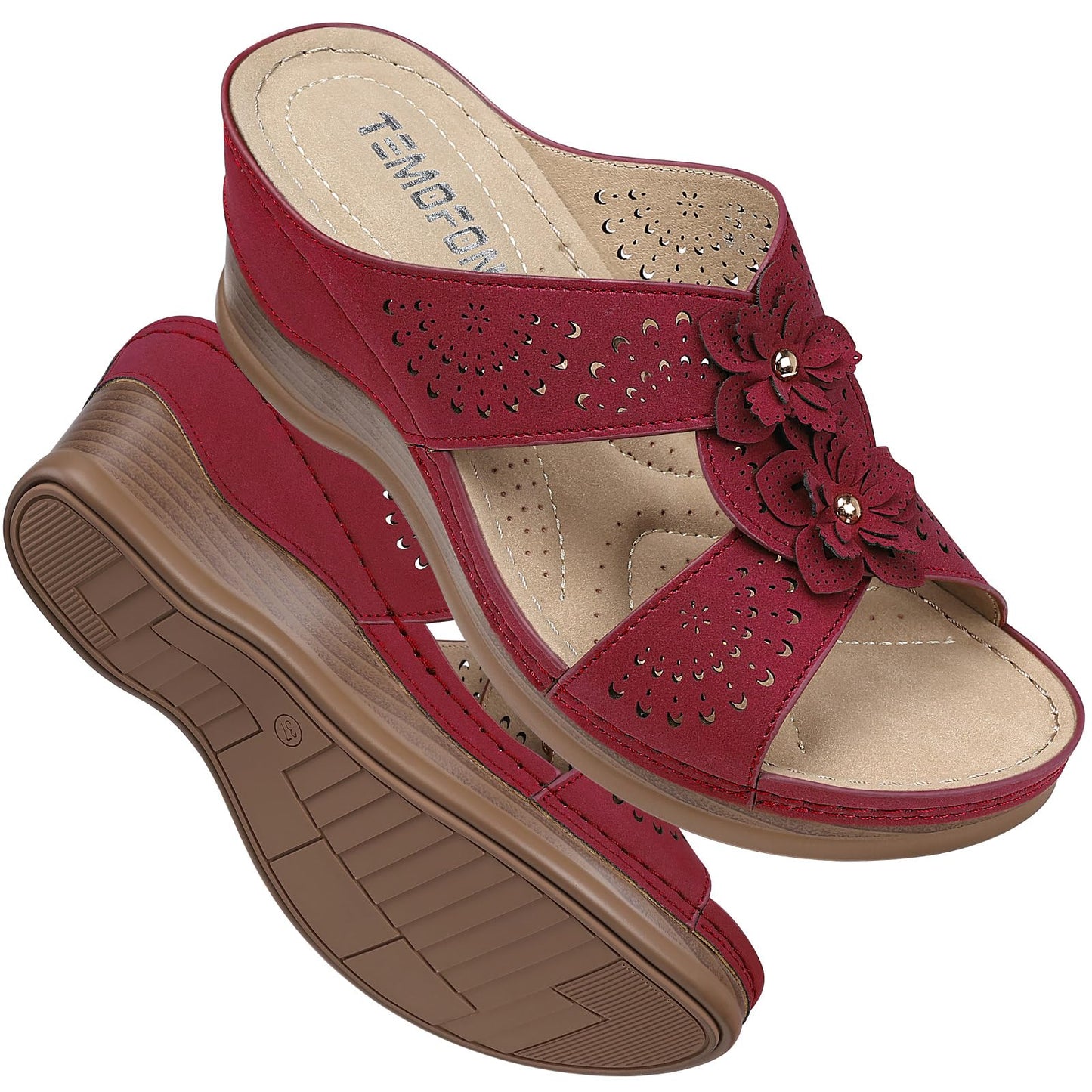 TEMOFON Womens Wedge Sandals Leather: Comfortable Walking Shoes Summer | Fit Wide Foot - Cute Style - Wear True Size 5-11