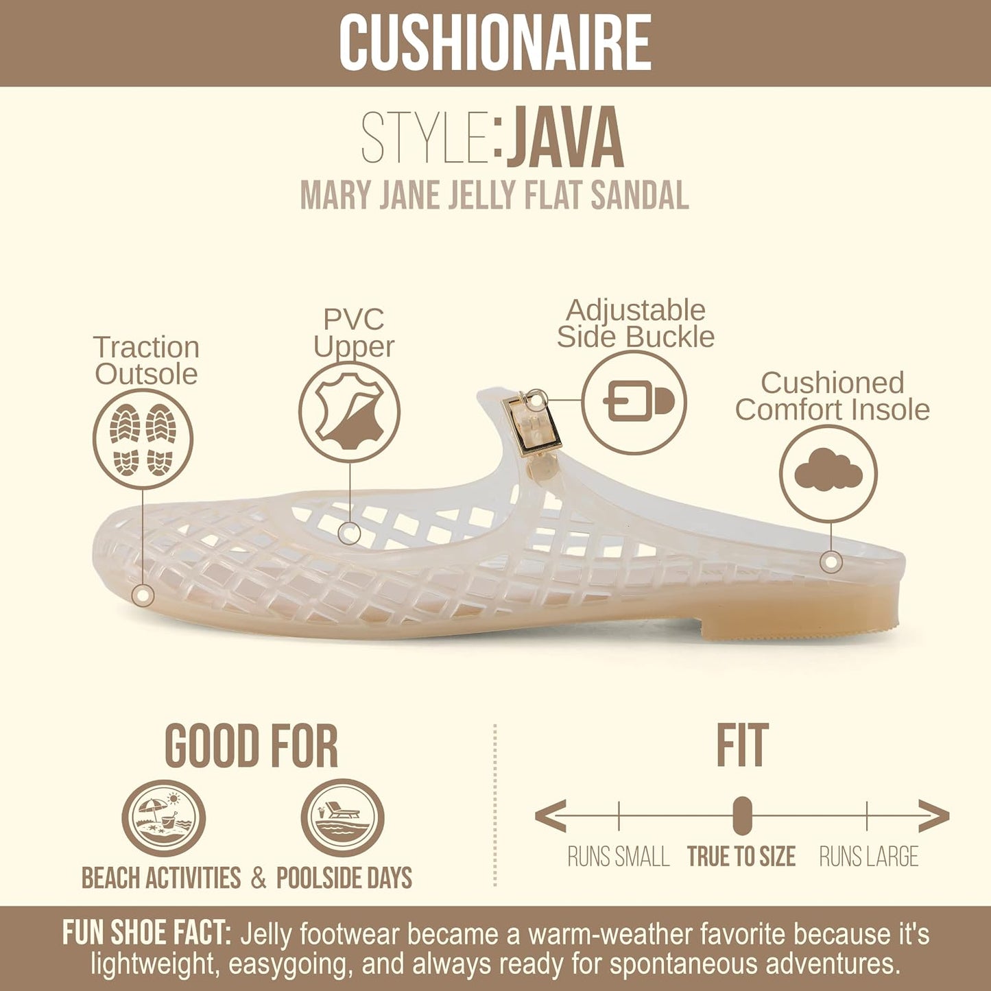 CUSHIONAIRE Java Casual Womens Jelly Flats with Adjustable Strap, Closed Toe Mary Janes Mule Design, Waterproof Jelly Sandals for Women