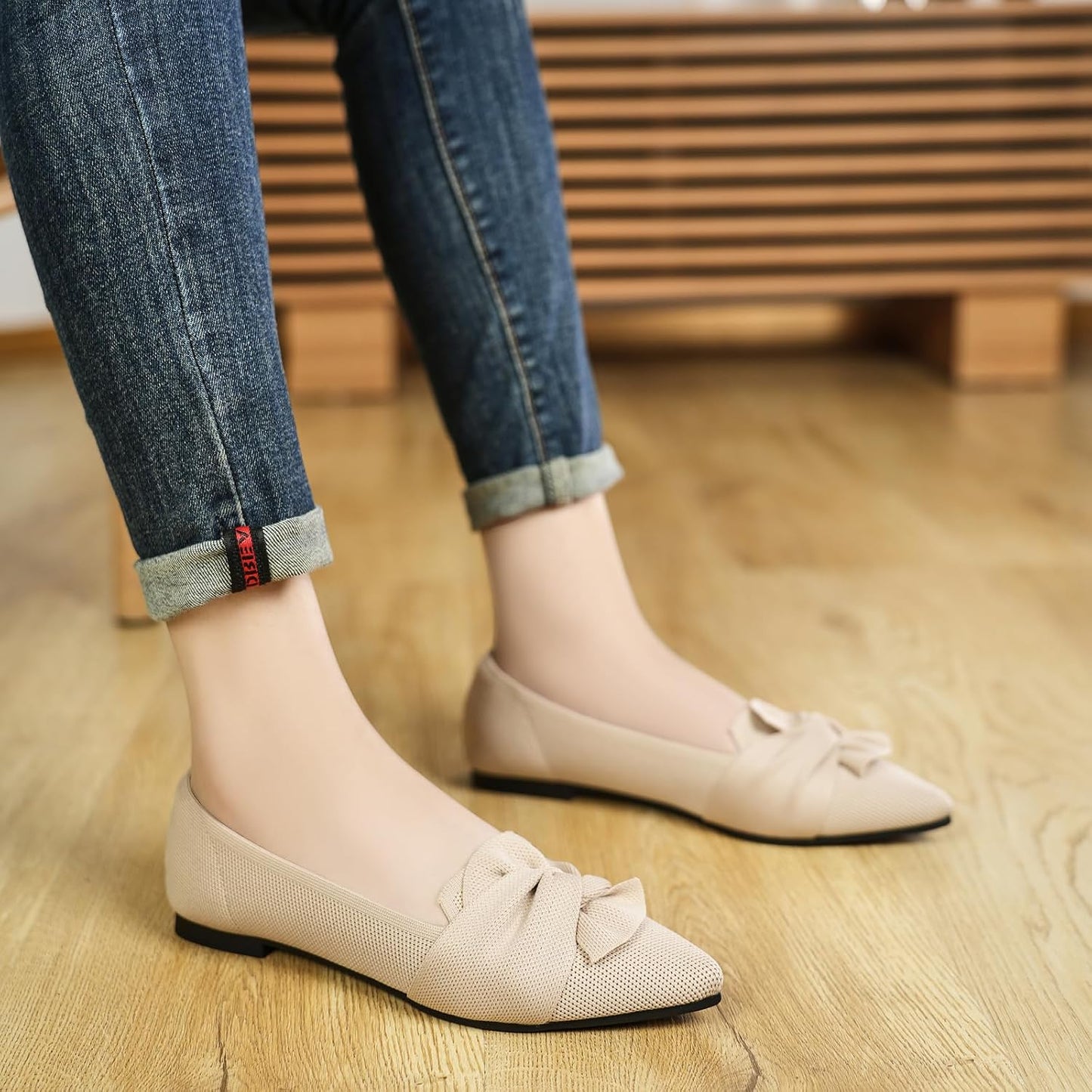 HIULYCENCE Flats for Women Pointed Toe Ballet Flats | Comfortable Knit Breathable Dressy Casual Flats with Bow for Business Work Office Walking Flat Shoes