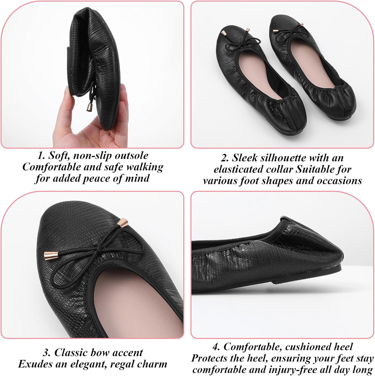 Black Foldable Flats for Women - Lightweight Slip-On Shoes with Bowknot - Travel Flats Foldable Shoes