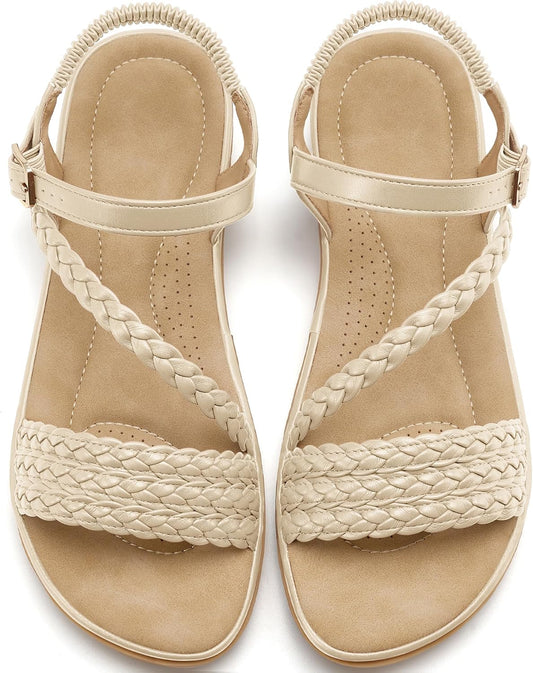 Aomigoct Dressy Womens Sandals Summer: Comfortable Strappy Flats Sandals Women - Casual Walking Woman Shoes