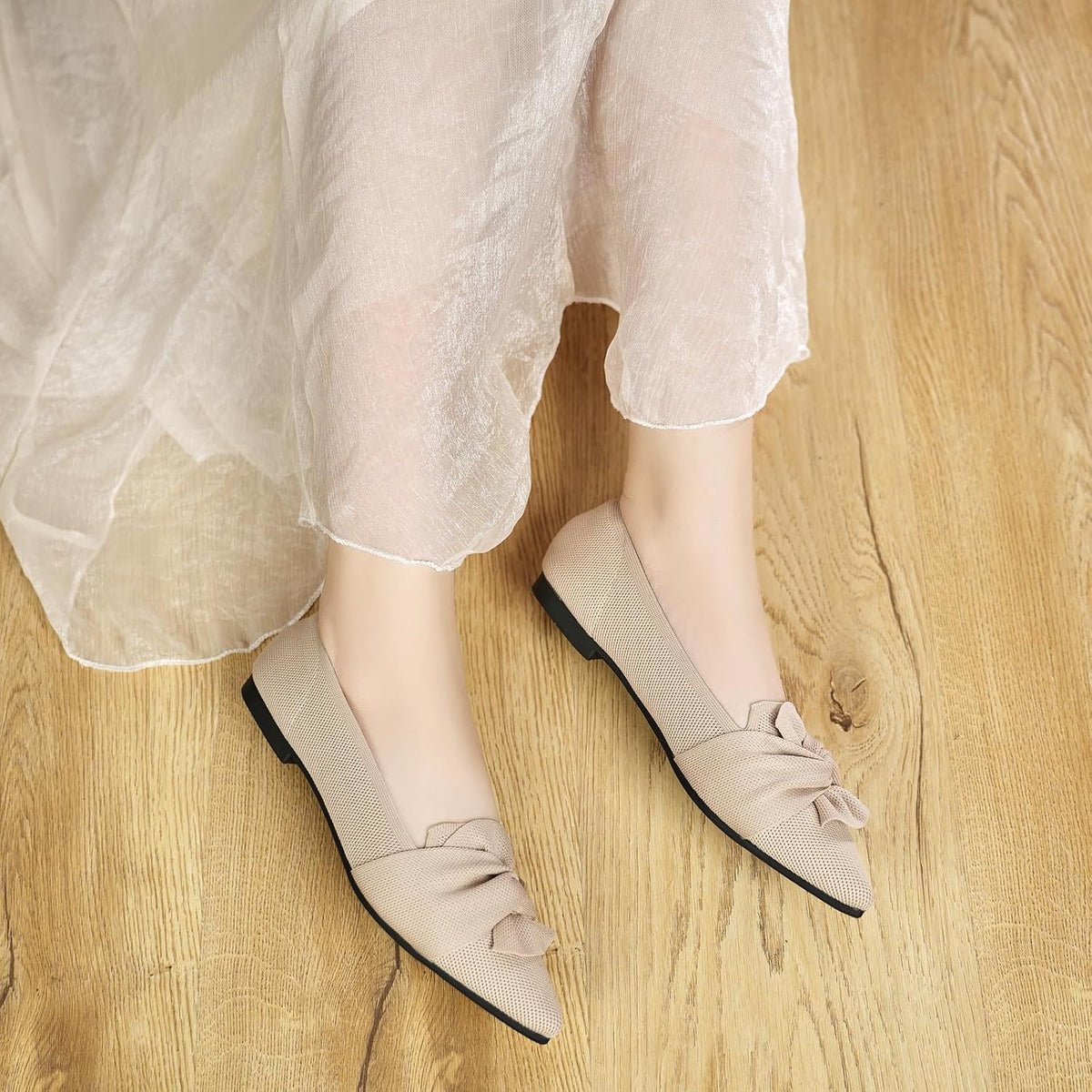 HIULYCENCE Flats for Women Pointed Toe Ballet Flats | Comfortable Knit Breathable Dressy Casual Flats with Bow for Business Work Office Walking Flat Shoes