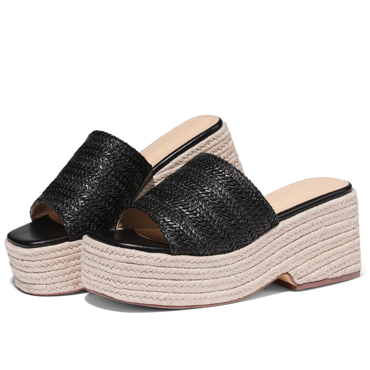 EQAUDES Platform Sandals For Women Espadrilles Wedges Summer Beach Shoes | Raffia, Woven, Chunky Block Heels, Dressy Slides, Non-Slip Sole, Slip On, Square Open Toe, Daliy And Vacation Outfits