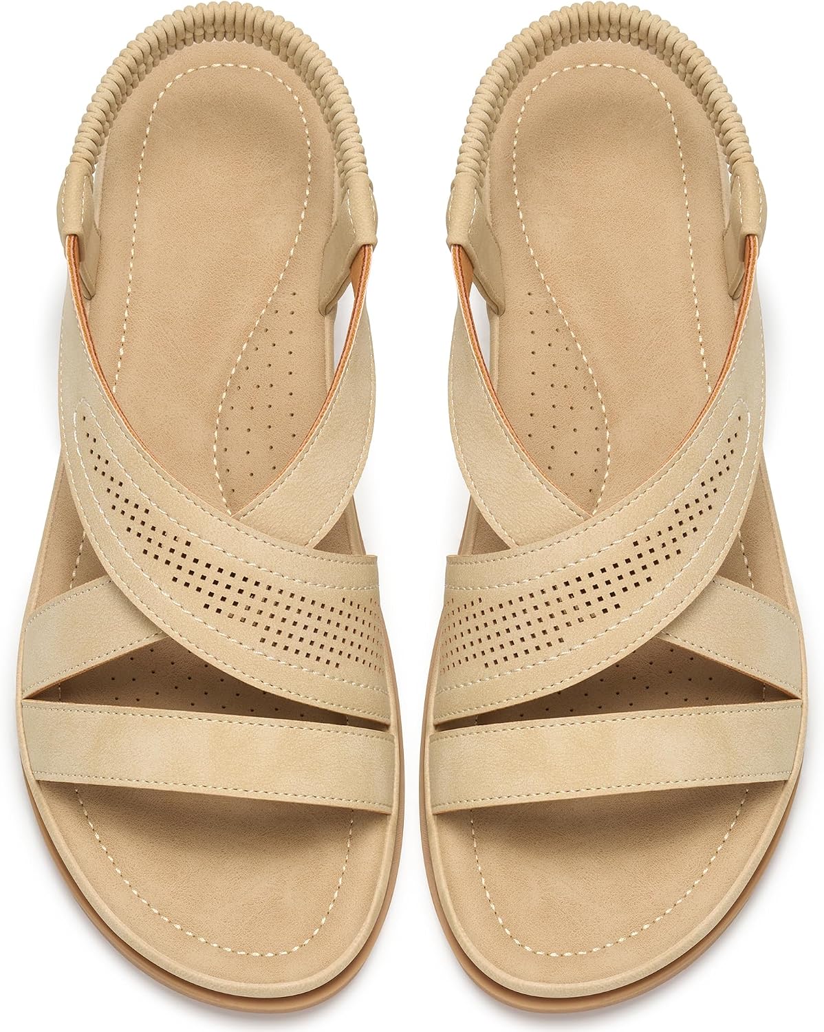 Women's Comfortable Flat Sandals: Open Toe Perforated Cross Straps & Elastic Slingback - Non-Slip Dressy Summer Shoes for Walking Vacation