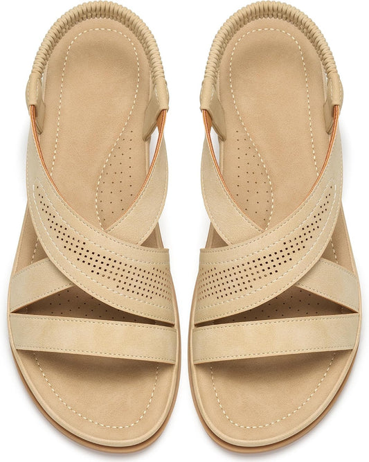 Women's Comfortable Flat Sandals: Open Toe Perforated Cross Straps & Elastic Slingback - Non-Slip Dressy Summer Shoes for Walking Vacation