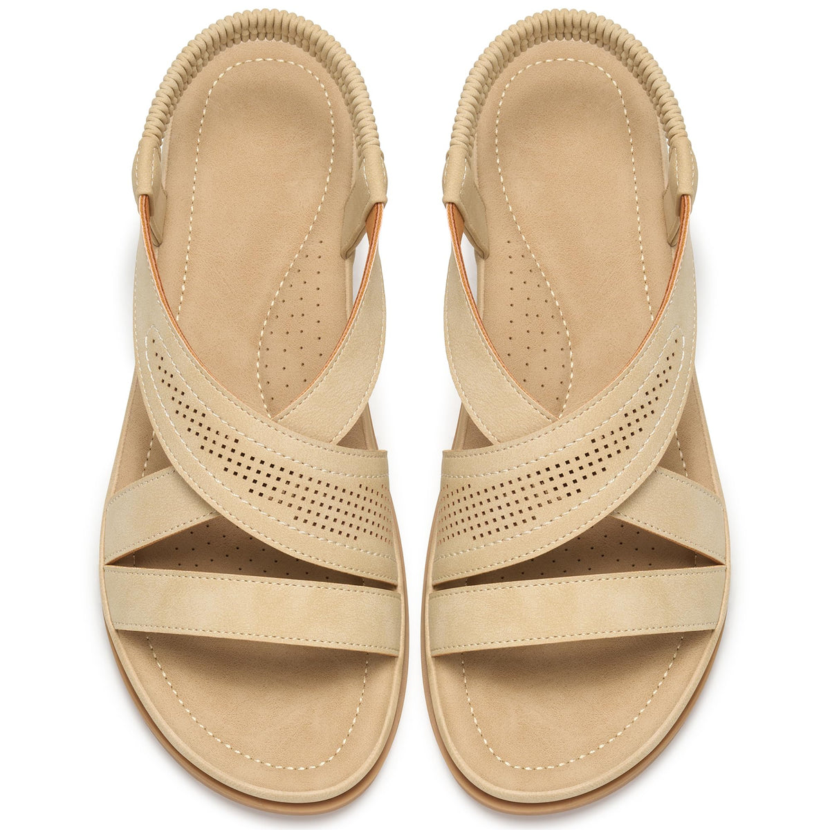 Women's Comfortable Flat Sandals: Open Toe Perforated Cross Straps & Elastic Slingback - Non-Slip Dressy Summer Shoes for Walking Vacation