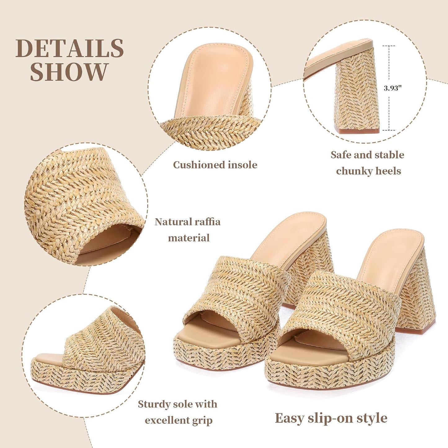 Monrovia Raffia Platform Heels for Women – Chunky Block Open Toe Woven Slides, Natural Straw Summer Dressy Vacation Sandals, Comfortable Heeled Slip On Mules