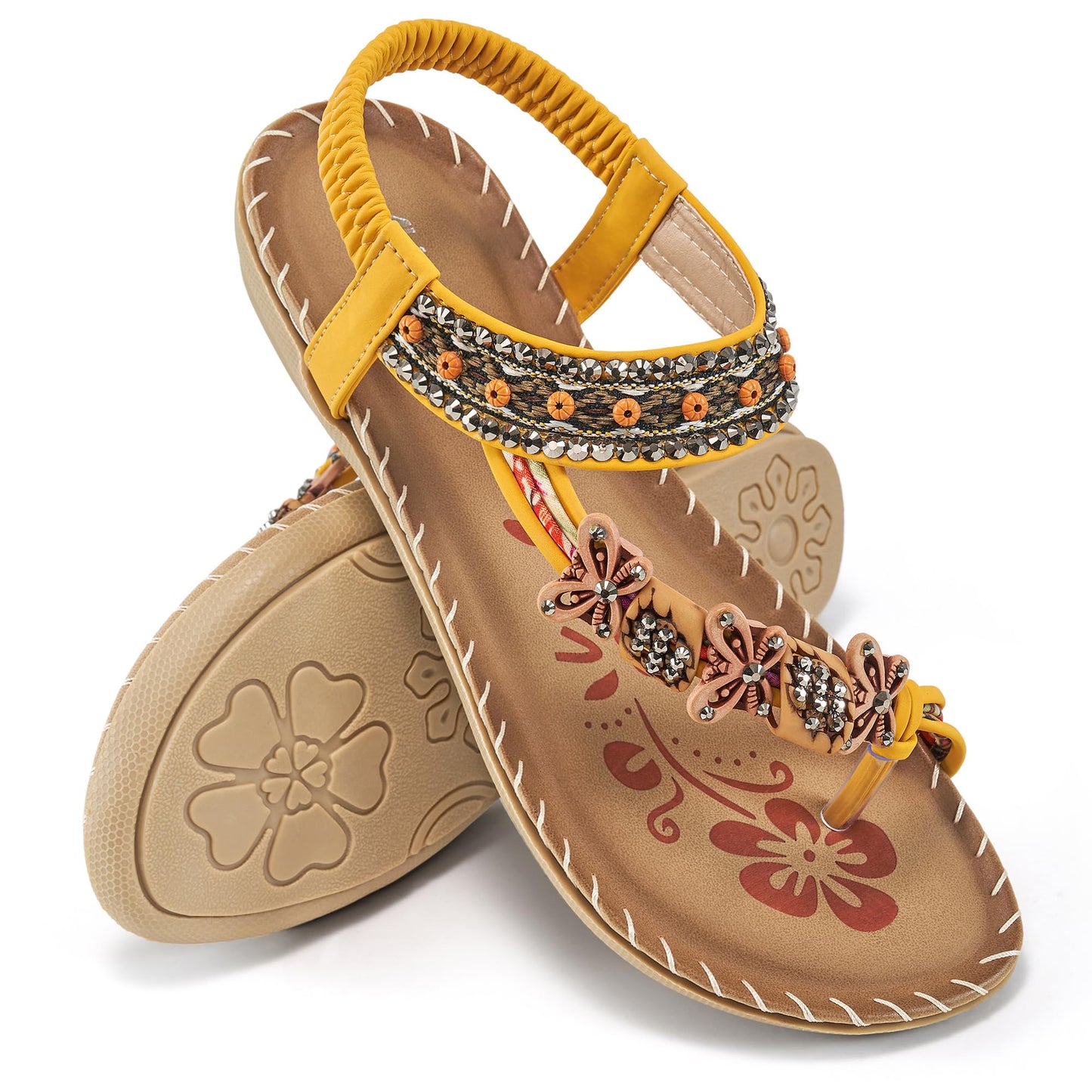 Ablanczoom Flat Sandals for Women Summer: Casual Boho Beaded Toe Ring Dress Shoes - Comfortable Vacation Daily Walking Shoes