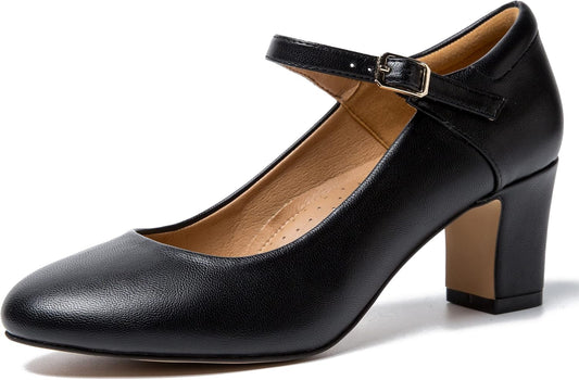 MAIERNISI JESSI Women's Mary Jane Pumps, 2.36 Inch Block Heel, Ankle Strap with Buckle, Closed Toe