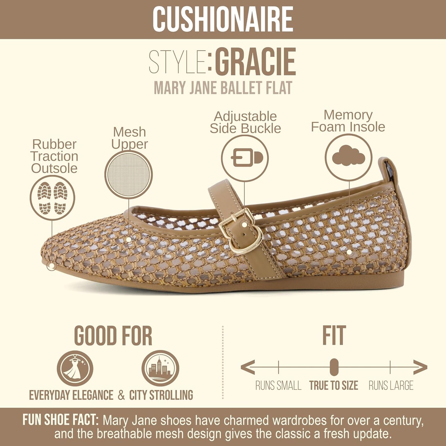 CUSHIONAIRE Gracie Mesh Mary Jane Flats for Women, Breathable Ballet Flats with Adjustable Buckle Strap and Memory Foam Cushioning