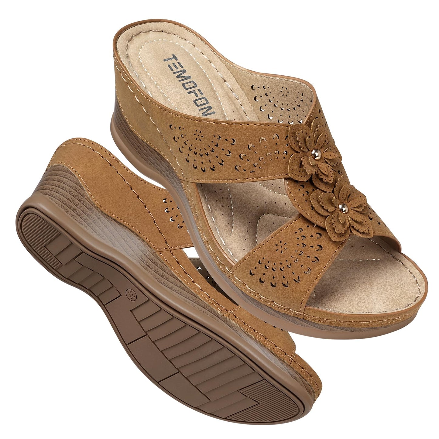 TEMOFON Womens Wedge Sandals Leather: Comfortable Walking Shoes Summer | Fit Wide Foot - Cute Style - Wear True Size 5-11