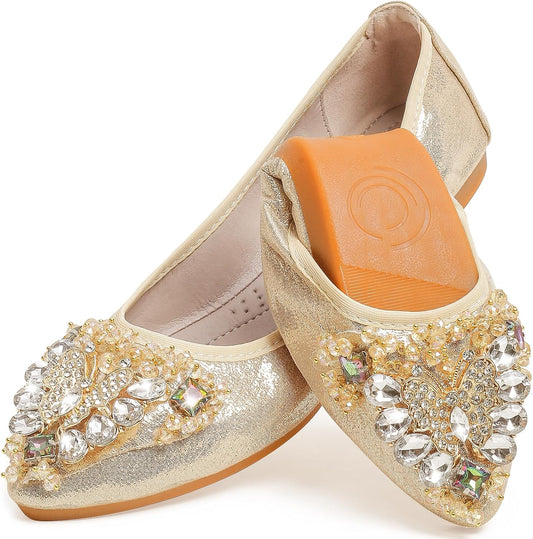 Women's Ballet Flat Shoes - Cute Rhinestones Bow Wedding Flats Slip on Flats for Women Comfort