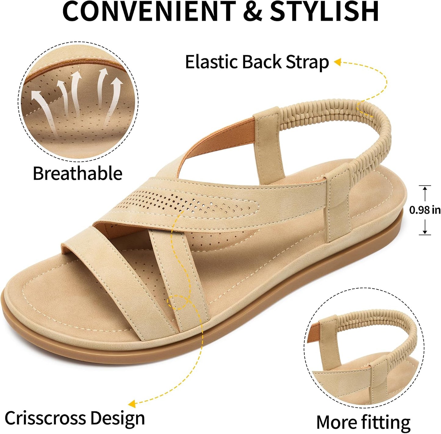 Women's Comfortable Flat Sandals: Open Toe Perforated Cross Straps & Elastic Slingback - Non-Slip Dressy Summer Shoes for Walking Vacation