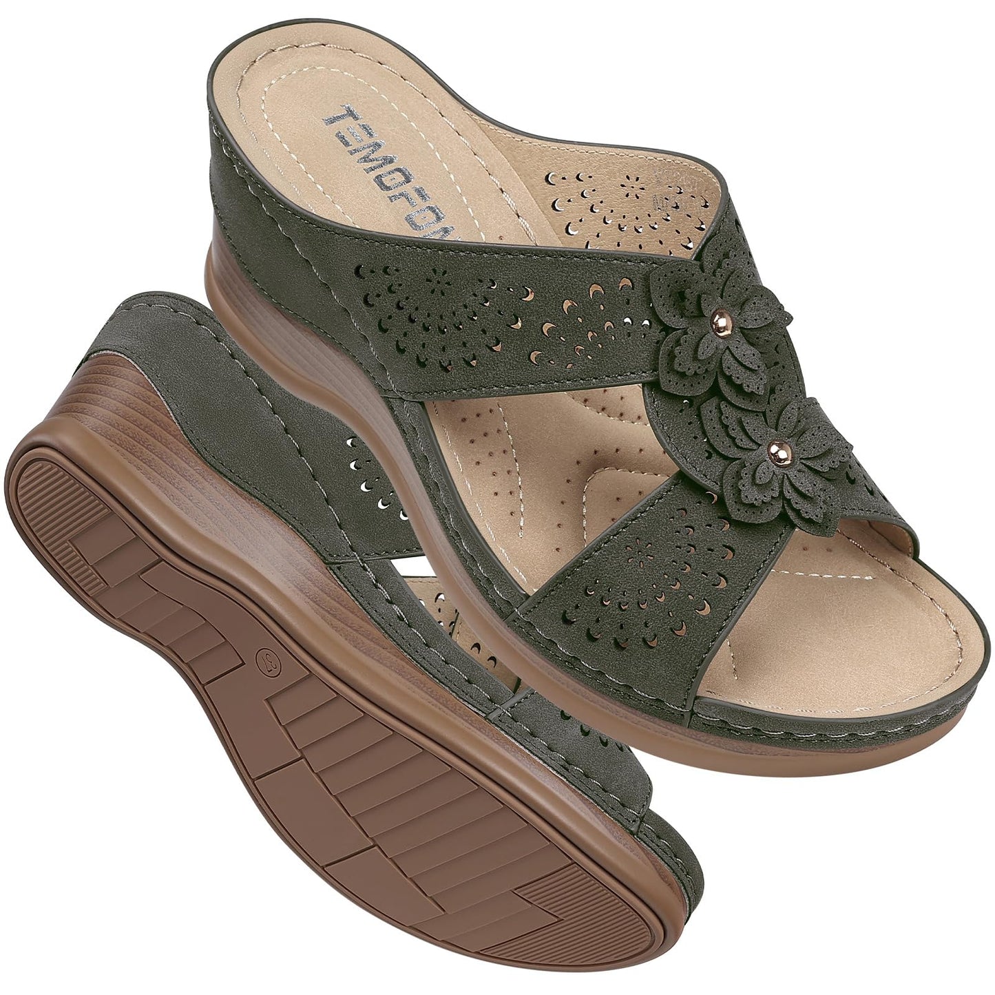 TEMOFON Womens Wedge Sandals Leather: Comfortable Walking Shoes Summer | Fit Wide Foot - Cute Style - Wear True Size 5-11