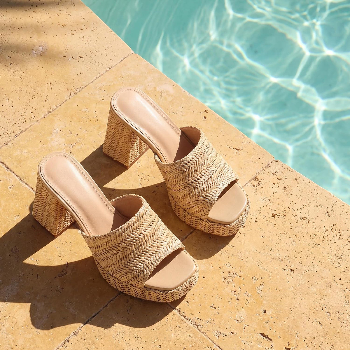 Monrovia Raffia Platform Heels for Women – Chunky Block Open Toe Woven Slides, Natural Straw Summer Dressy Vacation Sandals, Comfortable Heeled Slip On Mules
