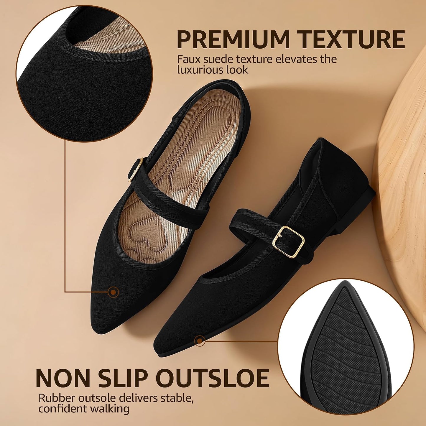 Ecetana Womens Mary Jane Ballet Flats Dressy Comfortable Pointed Toe | Classic Buckle Ankle Strap - Memory Foam Insole & Lightweight Non-slip Rubber Sole - Ideal for Work Office & Business Casual