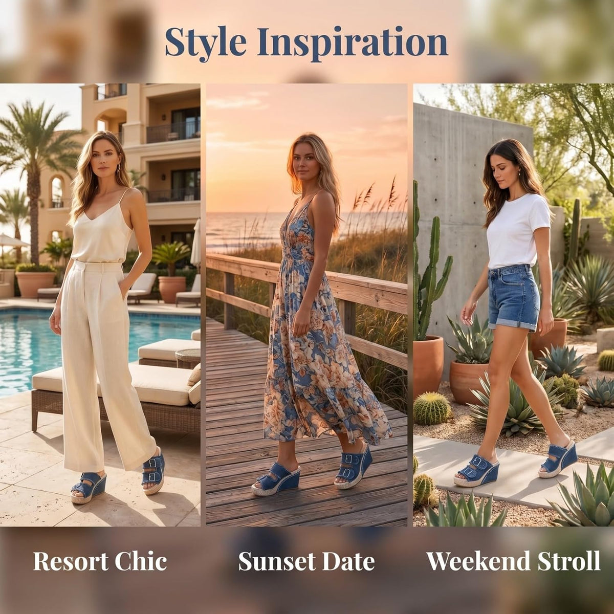Denim Wedge Slide Mules with Double Buckle Espadrille Platform for Women | Frayed Trim Wide Band Open Toe Slip-On Sandals with Adjustable Hardware Cushioned Comfort for Beach Vacation Daily Wear