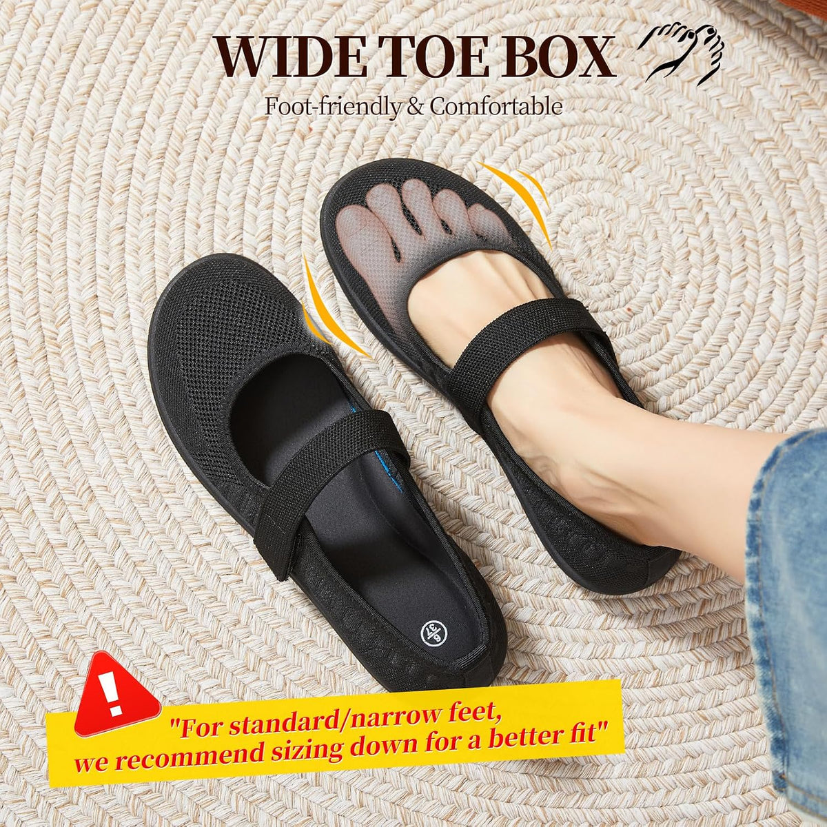 Waluzs Wide Toe Box Flats Shoes Women Knit Mary Jane Dress Shoes Wide | Walking Wide Width Barefoot Zero Drop Comfort Breathable Slip on Womens Ballet Mary Janes Sneakers with Velcro Ankle Strap